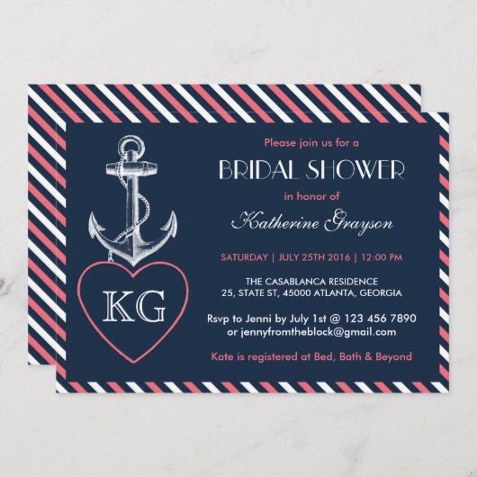 ネイビーブルーとピンクのいかりラブシャワー招待状 招待状 (正面/裏面)