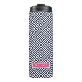 ネイビーブルーとピンクのギリシャ鍵モノグラム タンブラー