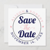 ネイビーブルーとピンクのタイポグラフィ写真の背面sa セーブザデート (正面)