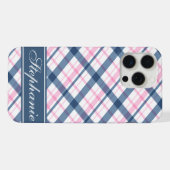 ネイビーブルーとピンクのチェック柄 iPhoneケース (裏面横)