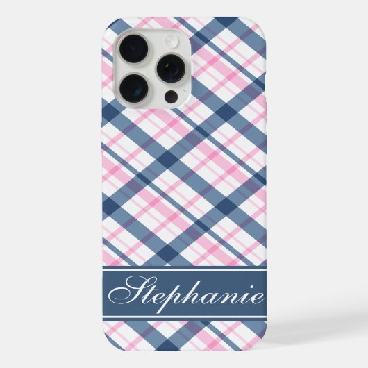 ネイビーブルーとピンクのチェック柄 iPhoneケース (裏面)