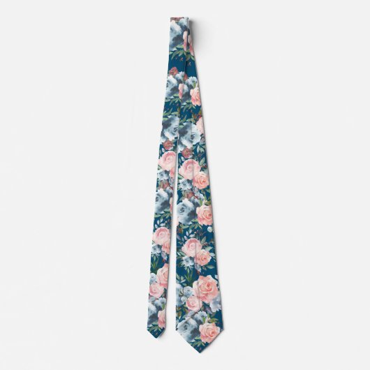 ネイビーブルーとピンクのバラの花のフローラルネックタイ ネクタイ