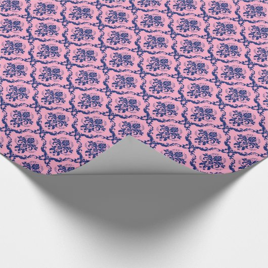 ネイビーブルーとピンクのフローラのダマスパターン ラッピングペーパー (角)