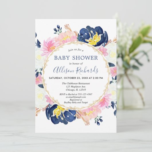 ネイビーブルーとピンクのフローラの赤ちゃんシャワー水色 招待状 (スタンド正面)