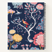 ネイビーブルーとピンクのフローラの鳥のパターン ノートブック (裏面)