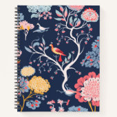 ネイビーブルーとピンクのフローラの鳥のパターン ノートブック (正面)