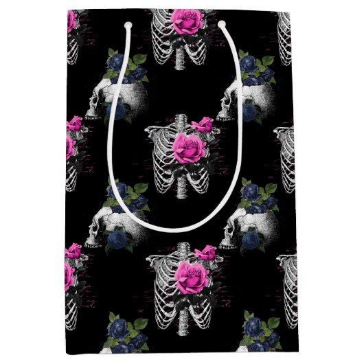 ネイビーブルーとピンクのフローラスカルゴシック結婚ズ ミディアムペーパーバッグ (正面)