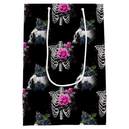 ネイビーブルーとピンクのフローラスカルゴシック結婚ズ ミディアムペーパーバッグ (裏面)