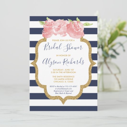 ネイビーブルーとピンクのフローラブライダルシャワー 招待状 (スタンド正面)