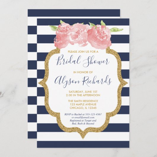 ネイビーブルーとピンクのフローラブライダルシャワー 招待状 (正面/裏面)