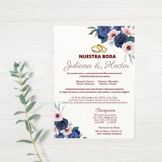 ネイビーブルーとピンクのフローラ結婚式招待状 招待状