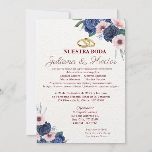 ネイビーブルーとピンクのフローラ結婚式招待状 招待状 (正面)