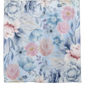 ネイビーブルーとピンクのフローラ シャワーカーテン (正面)