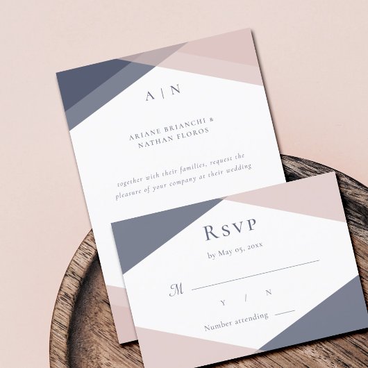 ネイビーブルーとピンクのモダンなモノグラム幾何学デザインの結婚式RSVP 招待状