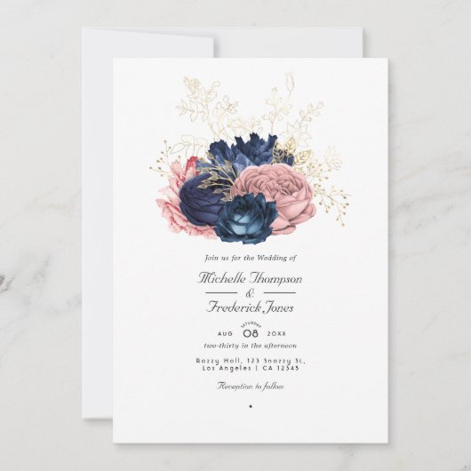 ネイビーブルーとピンクのヴィンテージバラQRコー結婚ド 招待状 (正面)