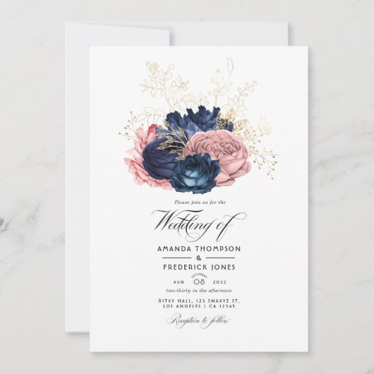 ネイビーブルーとピンクのヴィンテージ結婚バラの写真 招待状 (正面)