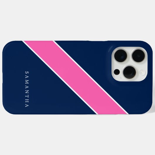 ネイビーブルーとピンクの対角ストライプ線パーソナライズされた Case-Mate iPhoneケース (裏面 (横))