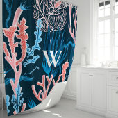 ネイビーブルーとピンクの海コーラルモノグラム航海の シャワーカーテン