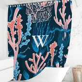 ネイビーブルーとピンクの海洋珊瑚モノグラム航海 シャワーカーテン