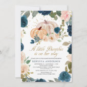 ネイビーブルーとピンクの花のカボチャのベイビーシャワー 招待状 (正面)