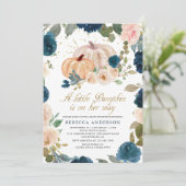 ネイビーブルーとピンクの花のカボチャのベイビーシャワー 招待状 (スタンド正面)