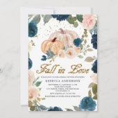 ネイビーブルーとピンクの花のデザインが特徴的な、エレガントな結婚前のお祝い会の招待状 招待状 (正面)