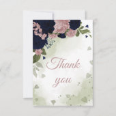 ネイビーブルーとピンクの花の緑の植物 サンキューカード (正面)