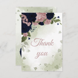 ネイビーブルーとピンクの花の緑の植物 サンキューカード