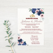 ネイビーブルーとピンクの花柄のウェディング招待状 招待状