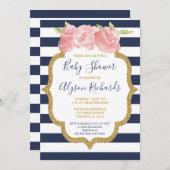 ネイビーブルーとピンクの花柄の女の子のベビーシャワー 招待状 (正面/裏面)