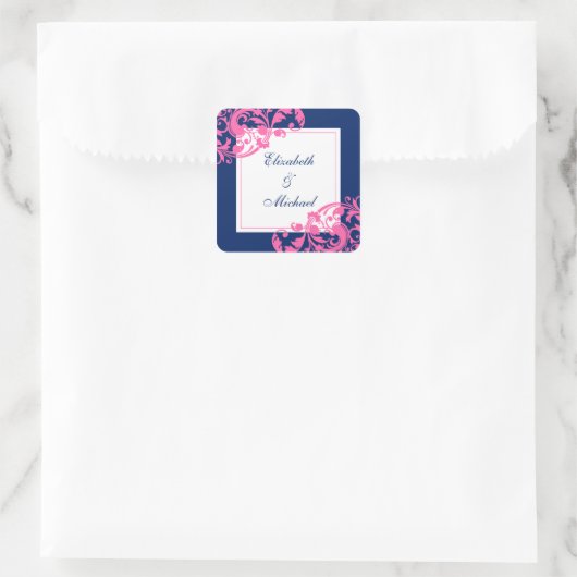 ネイビーブルーとピンクの花模様の渦巻結婚き旋回 スクエアシール (バッグ)