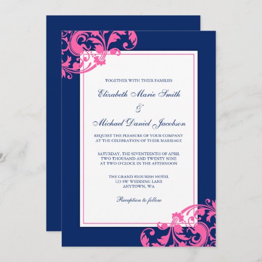 ネイビーブルーとピンクの花模様の渦巻結婚き旋回 招待状 (正面/裏面)