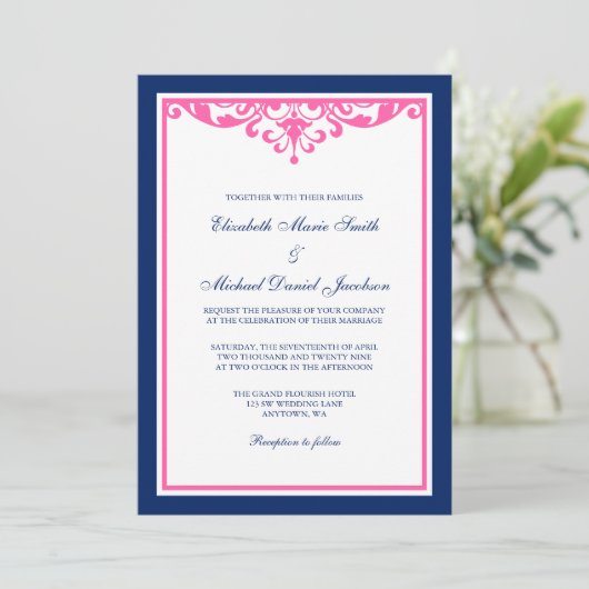 ネイビーブルーとピンクの花開く結婚式招待状 招待状 (スタンド正面)