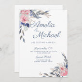 ネイビーブルーとピンクの花 招待状 (正面/裏面)