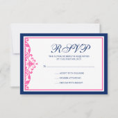 ネイビーブルーとピンクの華やかな応答カード 出欠カード (正面)