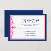 ネイビーブルーとピンクの華やかな応答カード 出欠カード (正面/裏面)