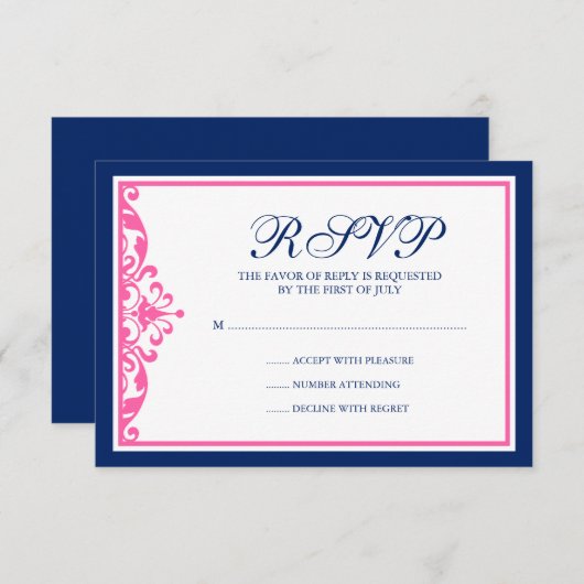 ネイビーブルーとピンクの華やかな応答カード 出欠カード (正面/裏面)