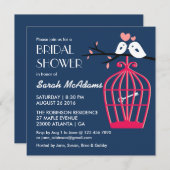 ネイビーブルーとピンクの鳥かごラブバード招待状 招待状 (正面/裏面)