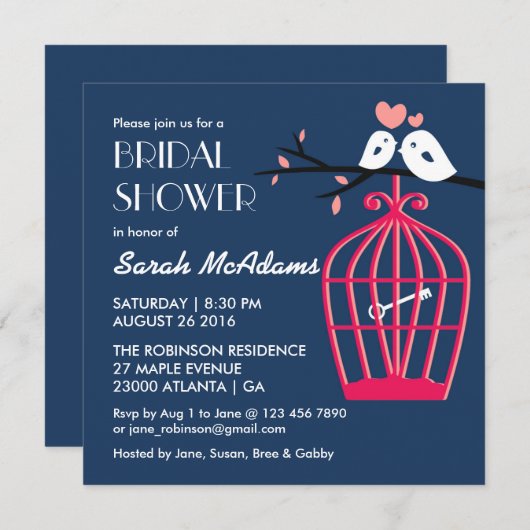 ネイビーブルーとピンクの鳥かごラブバード招待状 招待状 (正面/裏面)