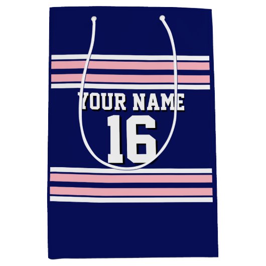 ネイビーブルーとピンクホワイトストライプズのチームジャージー ミディアムペーパーバッグ (正面)