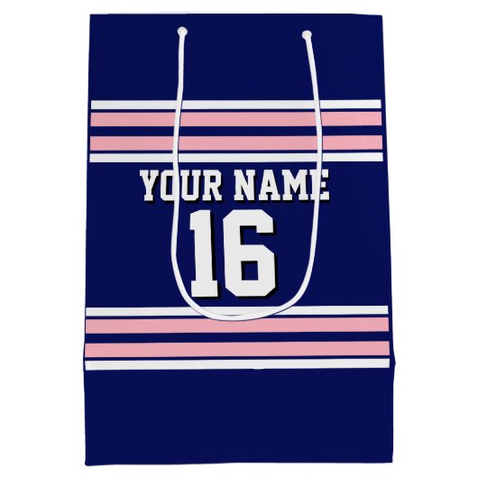 ネイビーブルーとピンクホワイトストライプズのチームジャージー ミディアムペーパーバッグ (裏面)