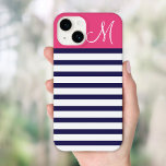 ネイビーブルーとピンク名門私立校風ののストライプカスタムモノグラム iPhone 13ケース<br><div class="desc">スタイリッシュカスタムパーソナライズされたの背景パターンの上にモノグラムのイニシャルや名前などカスタムのトレンディー文字と電話ケース。クリックカスタマイズ自分の文字や写真を追加し、優れたケースユニークデザインの1つを作成する！</div>