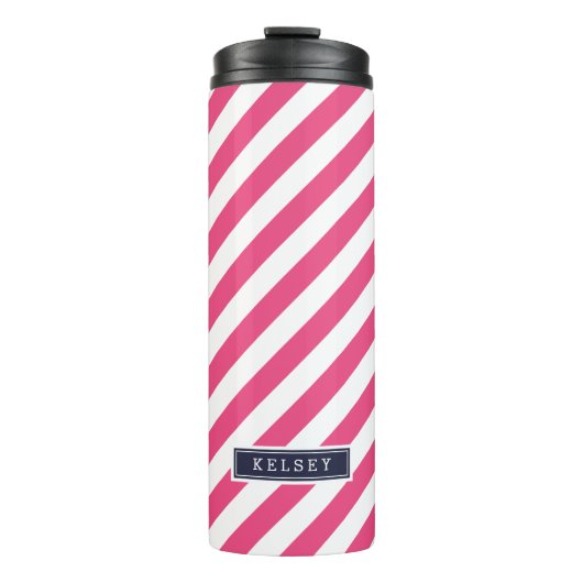 ネイビーブルーとピンク名門私立校風ののストライプモノグラム タンブラー (正面)