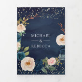 ネイビーブルーとピーチフローラ写真QRコード結婚ズ 三つ折り招待状 (カバー)