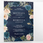 ネイビーブルーとピーチフローラ写真QRコード結婚ズ 三つ折り招待状 (内部最初)