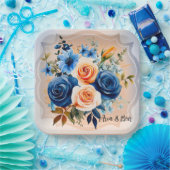 ネイビーブルーとピーチ絵を描フローラ結婚ズ ペーパープレート (パーティー)