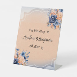 ネイビーブルーとピーチ絵を描フローラ結婚ズ 台座サイン