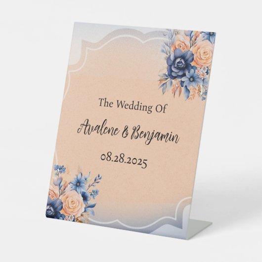 ネイビーブルーとピーチ絵を描フローラ結婚ズ 台座サイン (正面)