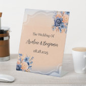 ネイビーブルーとピーチ絵を描フローラ結婚ズ 台座サイン (インサイチュ)