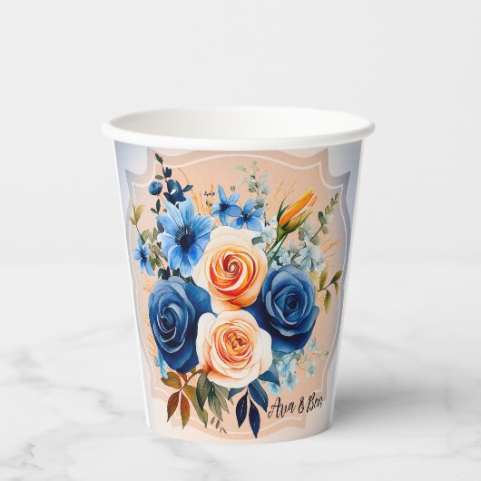 ネイビーブルーとピーチ絵を描フローラ結婚ズ 紙コップ (正面)